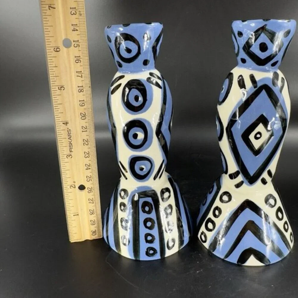 Hand Painted Vintage Pottery Candle Stick Holder Set 2 Signed YCHUK Abstract‎ 2